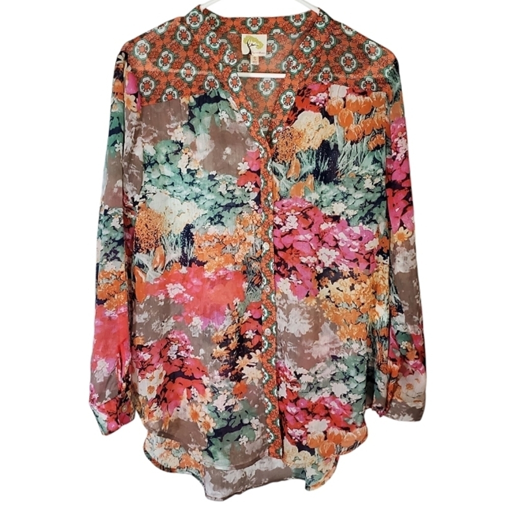 2157 * Anthropologie Fig & Flower Sheer Floral Blouse Orange Pink Size S